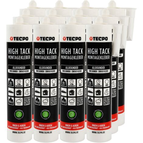 TECPO High Tack Montagekleber, 12x 455g zum Kleben, Dichten und Montieren Baukleber für Innen-und Außenbereich MS-Polymer Baukleber mit starker Anfangshaftung für Bauteile Kleben statt Bohren