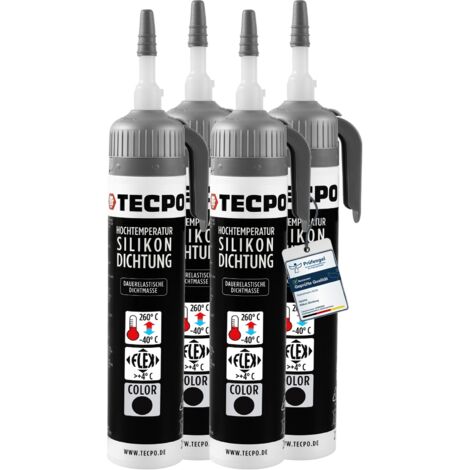 TECPO Hochtemperatur Dichtstoff Dichtmasse, 4x200 ml Silikon Dichtung dauerelastisch Schwarz hitze- und wasserbeständig Silikondichtmasse