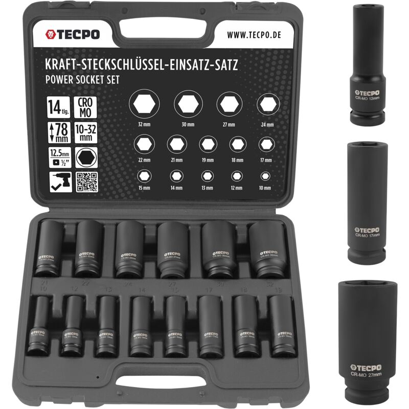 Image of TECPO Kraft Steckschlüssel Satz 1/2 Zoll Schlagschrauber Nüsse 10-32 mm Schlagnüsse