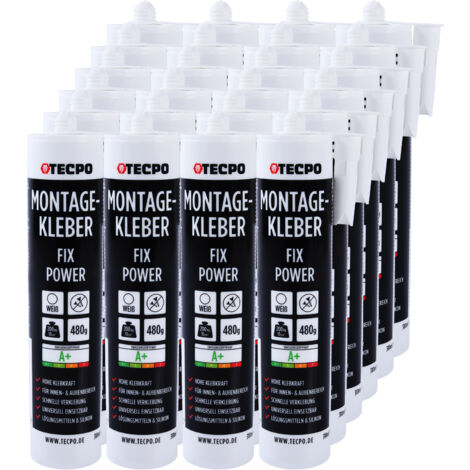 TECPO Montagekleber Fix Power, 24x 480g Universal Baukleber Kartuschen Kraftkleber 200kg 10 cm² für Akustikpaneele, Styropor, Sockelleite Innen und Außen schnelle Verklebung ohne Grundierung