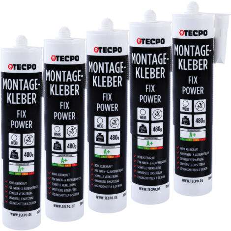 TECPO Montagekleber Fix Power, 5x 480g Universal Baukleber Kartuschen Kraftkleber 200kg 10 cm² für Akustikpaneele, Styropor, Sockelleite Innen und Außen schnelle Verklebung ohne Grundierung
