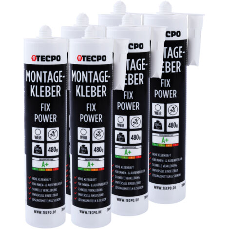 TECPO Montagekleber Fix Power, 6x 480g Universal Baukleber Kartuschen Kraftkleber 200kg 10 cm² für Akustikpaneele, Styropor, Sockelleite Innen und Außen schnelle Verklebung ohne Grundierung