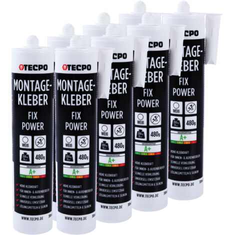 TECPO Montagekleber Fix Power, 8x 480g Universal Baukleber Kartuschen Kraftkleber 200kg 10 cm² für Akustikpaneele, Styropor, Sockelleite Innen und Außen schnelle Verklebung ohne Grundierung