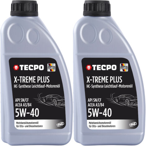 TECPO Motoröl 5W40 Öl X-TREME Plus Öl, 2 Liter 5W-40 Gebinde HC-Synthese für Diesel-und Benzinmotoren entspricht API SN/CF / ACEA A3/B4 / 502/505 / 226.3/226.5 / Longlife 01/98