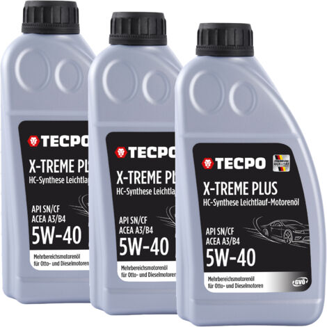TECPO Motoröl 5W40 Öl X-TREME Plus Öl, 3 Liter 5W-40 Gebinde HC-Synthese für Diesel-und Benzinmotoren entspricht API SN/CF / ACEA A3/B4 / 502/505 / 226.3/226.5 / Longlife 01/98