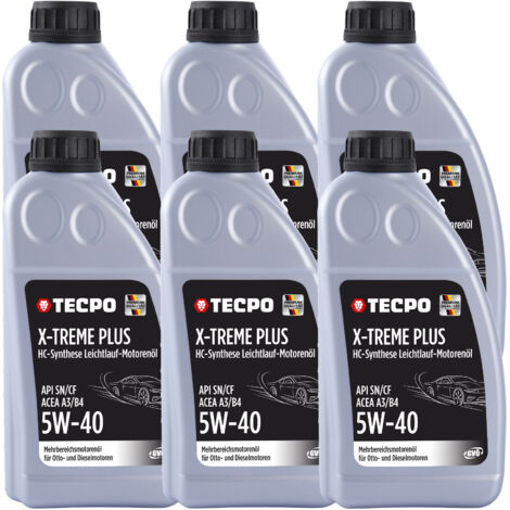 TECPO Motoröl 5W40 Öl X-TREME Plus Öl, 6 Liter 5W-40 Gebinde HC-Synthese für Diesel-und Benzinmotoren entspricht API SN/CF / ACEA A3/B4 / 502/505 / 226.3/226.5 / Longlife 01/98