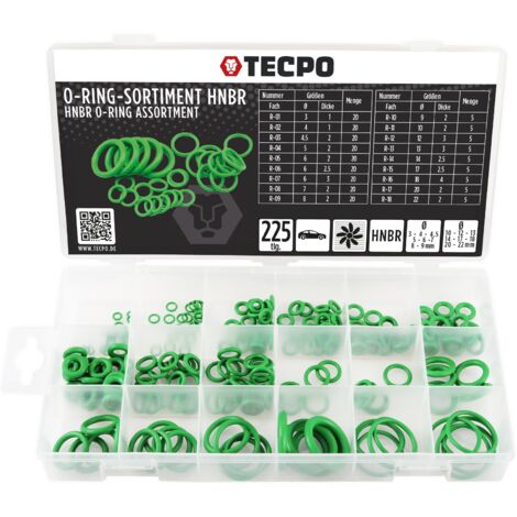 TECPO O Ring Sortiment HNBR 225-teilig Ø3 - Ø 22 mm Hochleistungsdichtung verbesserter NBR Dichtungsringe Set Beständig gegen Säure, Kraftstoff, Öl, Kältemittel und Temperatur -40 °C bis +150 °C