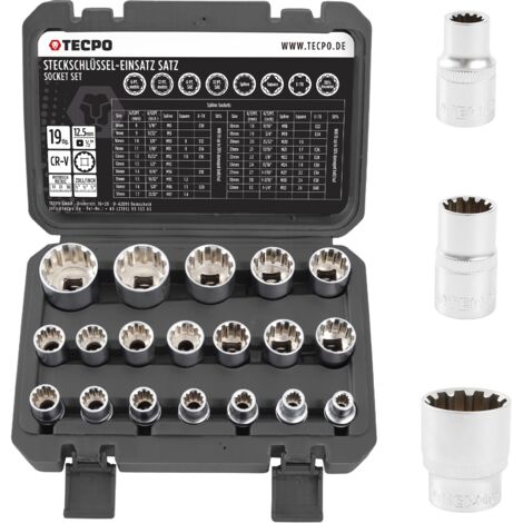TECPO Steckschlüssel Satz 19-tlg. Sechskant 8-32 mm 1/2 Zoll Werkzeug Nuss-Set Zöllig 5/16"-1-1/4" E-Profil für Torx E10-E40 Zwölfkant Nüsse M8-M32