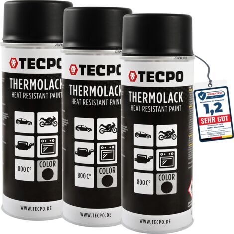 TECPO Thermolack Spray Dose 3x 400ml Auspufflack Autolack Ofenlack Bremssattellack hitzebeständig bis 800°C schnell trocknend Auto Lackspray Schwarz Matt schützt Motor und Auspuff vor Rost (3er-Pack)