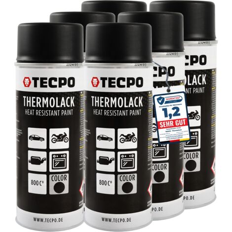 TECPO Thermolack Spray Dose 6x 400ml Auspufflack Autolack Ofenlack Bremssattellack hitzebeständig bis 800°C schnell trocknend Auto Lackspray Schwarz Matt schützt Motor und Auspuff vor Rost (6er-Pack)