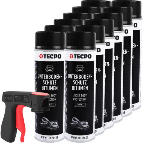 TECPO Unterbodenschutz Bitumen 12x 500ml schwarz Steinschlagschutz UBS Versieglung Spray Schutz vor Steinschlag, Rost, Chemikalien mit Anti-Dröhn-Wirkung + Pistolengriff