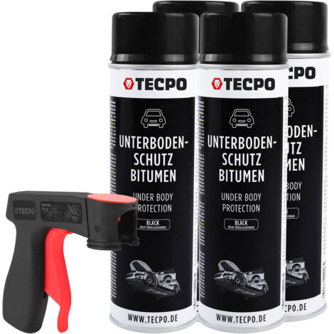 TECPO Unterbodenschutz Bitumen 4x 500ml schwarz Steinschlagschutz UBS Versieglung Spray Schutz vor Steinschlag, Rost, Chemikalien mit Anti-Dröhn-Wirkung+ Pistolengriff