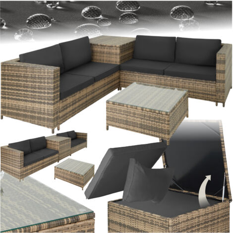 Tectake – Canapé de jardin 4 places avec coffre de rangement – Structure en acier, coussins en polyester – Résine tressée résistante aux intempéries
