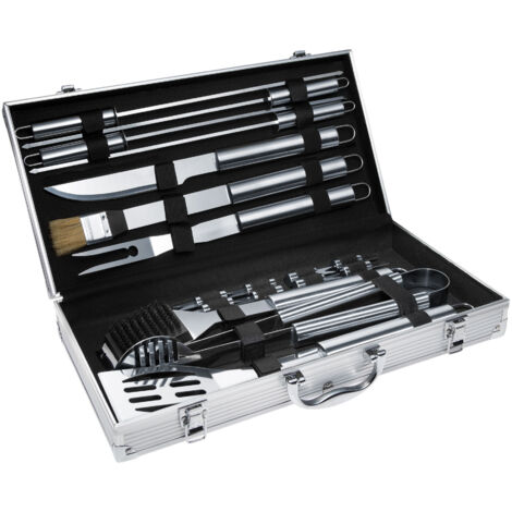 Tectake – Coffret barbecue 18 pièces en acier inoxydable – Ustensiles de grillade avec mallette aluminium – Pour cuisson sécurisée et rangement pratique