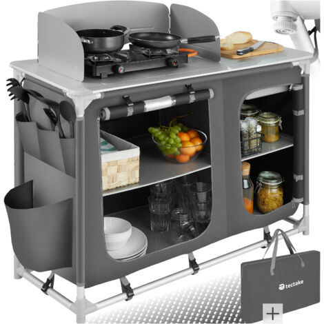 Tectake – Cuisine de camping pliable avec sac de transport 116 x 52 x 107 cm – Aluminium résistant à la chaleur – Évier amovible et pieds réglables