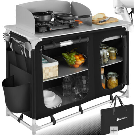 Tectake – Cuisine de camping pliable avec sac de transport 116 x 52 x 107 cm – Structure en aluminium – Évier amovible – Compartiments de rangement