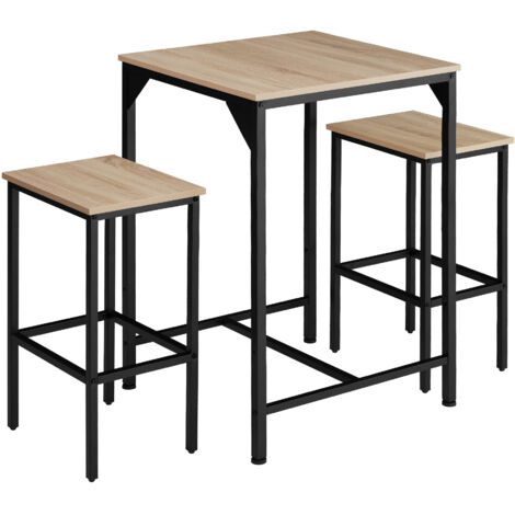 Tectake – Ensemble de bar 3 pièces table 60x60x91cm et 2 tabourets 40x30x66cm – Bois clair et acier – Style industriel moderne