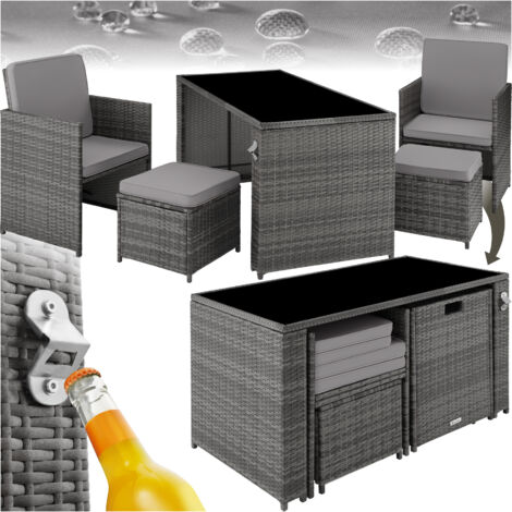 Tectake – Ensemble table et chaise de jardin 2 à 4 personnes – Pliable avec coussins hydrofuges – Ouvre-bouteille intégré – Poly rotin résistant aux UV