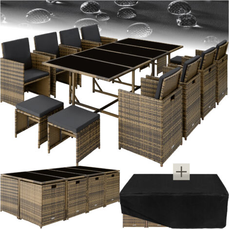 Tectake – Ensemble table et chaises de jardin 12 places – Rotin polyéthylène avec cadre acier – Housse de protection incluse – Coussins amovibles lavables