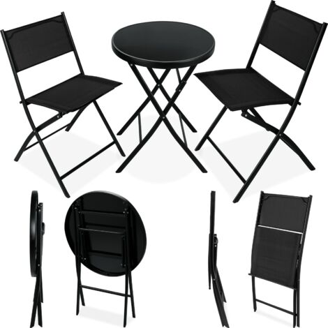 Tectake – Ensemble table et chaises de jardin pliantes 2 personnes – Acier et textilène noir – Confort optimal pour repas en extérieur