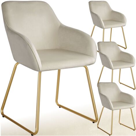 Tectake – Lot de 4 chaises de salle à manger – Rembourrage velours crème et or – Structure acier – Hauteur d'assise 50 cm – Patins antidérapants