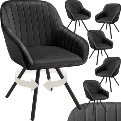 Tectake – Lot de 6 chaises pivotantes 360° – Accoudoirs en velours noir – Pieds en acier laqué époxy – Hauteur d'assise 49 cm – Pour salle à manger et bureau