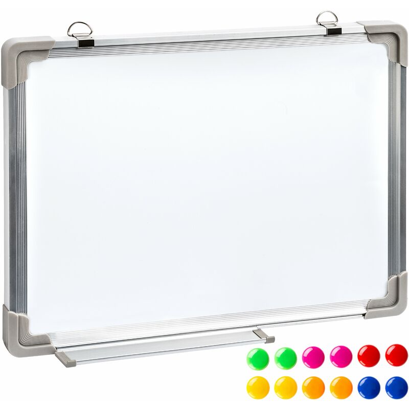 Magnetic Whiteboard + 12 coloured magnets - whiteboard, magnetic board, magnetic notice board - 60 x 45 x 2 cm - white
