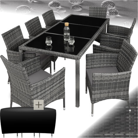 Tectake – Salon de jardin 8 personnes – Résine tressée résistante aux UV – Housse de protection incluse – Coussins déhoussables et lavables