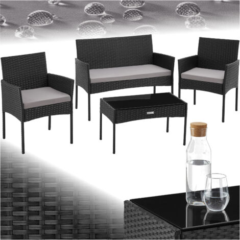 Tectake – Salon de jardin en résine 4 places – Housses déperlantes – Structure acier laqué – Coussins confortables – Table basse avec plateau en verre