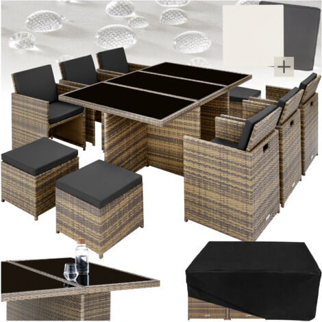 Tectake – Salon de jardin NEW YORK 10 places – Structure en acier et résine tressée – Housse de protection et 2 sets de coussins inclus