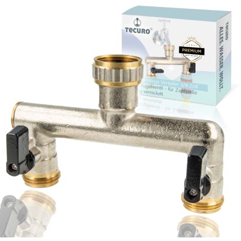 tecuro 2-Wege Verteiler 3/4 Zoll mit 2 x Kugelventil, für Zapfstelle, Messing vernickelt