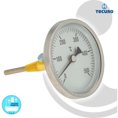 tecuro Ø 80 mm Bi-Metall Rauchgas - Thermometer 0 - 500°C mit Sonde 100 mm und Klemmkonus