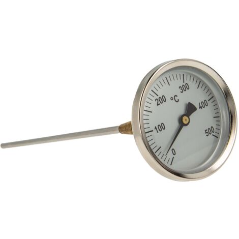 tecuro Ø 80 mm Bi-Metall Rauchgas - Thermometer 0 - 500°C mit Sonde 300 mm und Klemmkonus