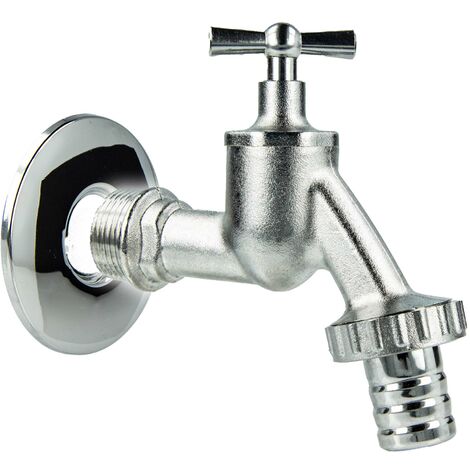 tecuro Auslaufventil 3/4 Zoll, Knebeloberteil, Schlauchtülle, Wandrosette, Dichtband - Messing mattverchromt
