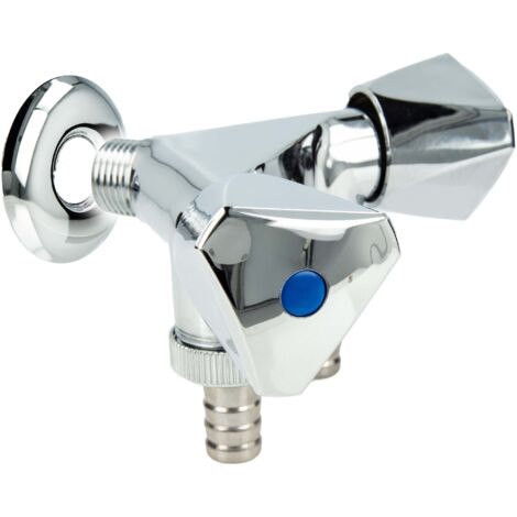 tecuro Doppel-Geräteventil mit 2 Abgängen, Wandrosette, PTFE-Dichtband, Messing hochglanzverchromt