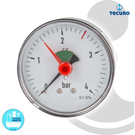 tecuro Heizungsmanometer 0-4 bar, Ø 63 mm - 3/8 Zoll Anschluss axial (hinten), selbstdichtend