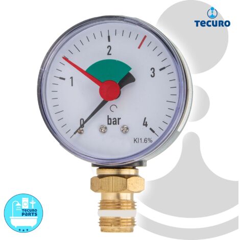 tecuro Heizungsmanometer 0-4 bar, Ø 63 mm - 3/8 Zoll Anschluss radial (unten), selbstdichtend