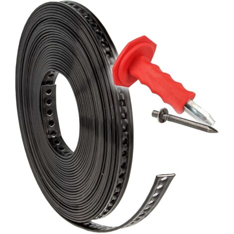 tecuro Lochband 14 mm x 10 m Rolle Stahl - Kunststoff ummantelt mit Einschlagdübel Ø 4x18 mm (200Stück) inkl. Setzeisen