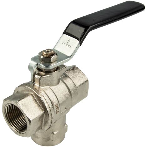 tecuro Messing-Kugelhahn 3-Wege, alls. Innengewinde Rp 1/2 Zoll (DN 15) - Stahlhebel lang, MS-vernickelt