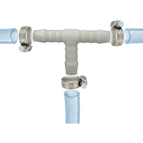 tecuro Schlauchverbinder T Stück allseitig Ø 15 mm, mit Edelstahlschlauchschellen - Nylon weiß