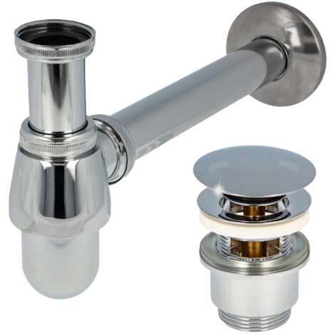 tecuro Siphon extra lang mit Pop Up Ablaufventil verchromt - Universal Set für Waschtisch / Waschbecken