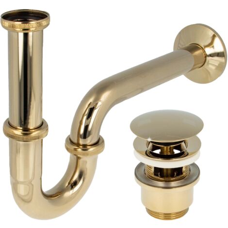 tecuro Siphon extra lang mit Pop Up Ablaufventil vergoldet - Universal Set für Waschtisch / Waschbecken
