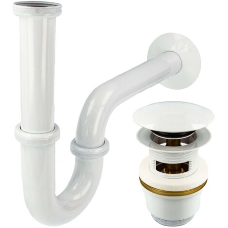 tecuro Siphon extra lang mit Pop Up Ablaufventil weiß (RAL 9010) - Universal Set für Waschtisch / Waschbecken