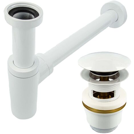 tecuro Siphon extra lang mit Pop Up Ablaufventil weiß (RAL 9010) - Universal Set für Waschtisch / Waschbecken