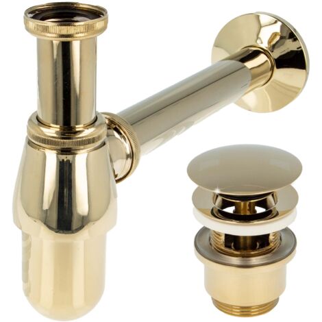 tecuro Siphon mit Pop Up Ablaufventil vergoldet - Universal Set für Waschtisch / Waschbecken