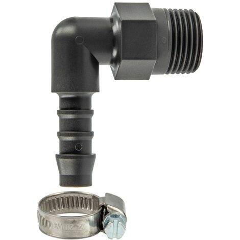 tecuro Winkel Schlauchtülle Ø 14 mm x 3/8 Zoll AG, mit Edelstahlschlauchschelle - Nylon grau