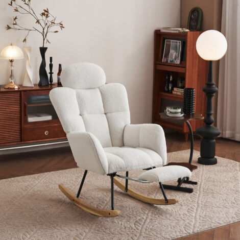 Teddy Fabric Tufted Rocking Chair with Headrest & Foldable Footrest – Modern Upholstered Rocker for Living Room & Bedroom, White