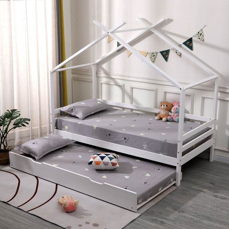 Teddy kids wooden house treehouse single bed with guest trundle bed White - White