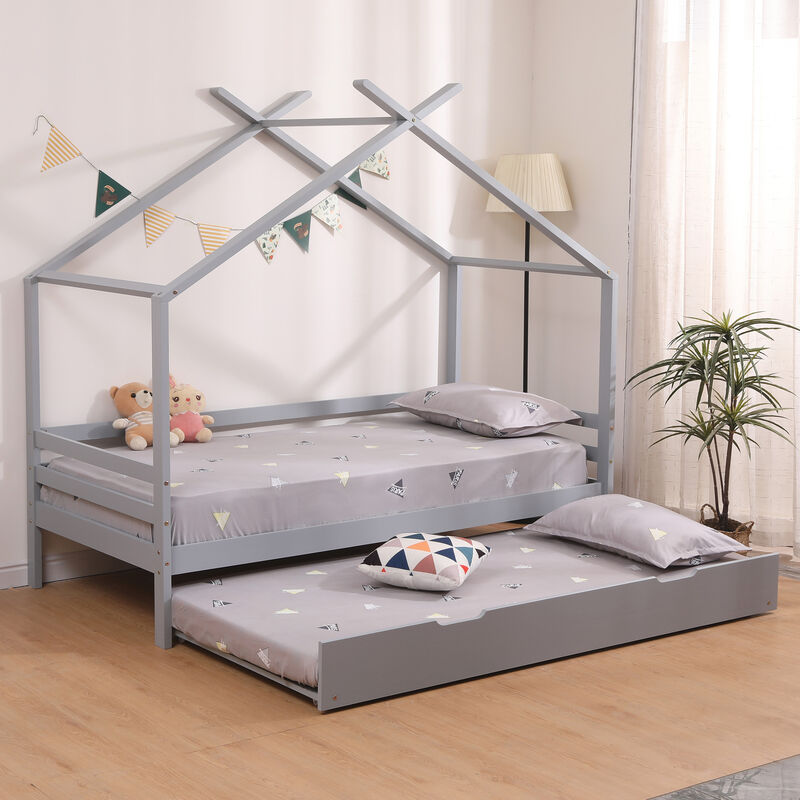 Teddy kids wooden house treehouse single bed with guest trundle bed Grey - Grey