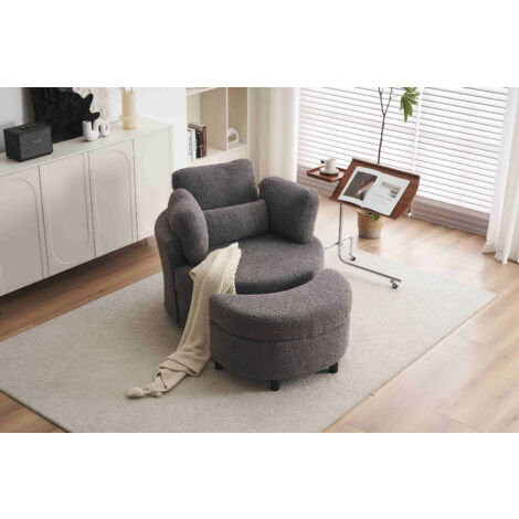 Teddy Swivel Armchair with 3 Back Cushion Pillow Ottoman Crescent Stool, Medium Grey